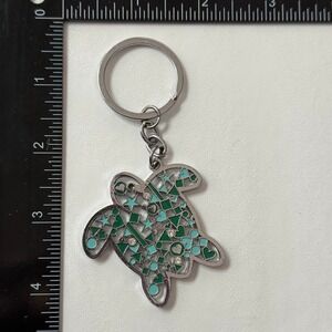 Turtle Keychain Enamel Charm Pendant with Rhinestones Green Blue Silver‎ Tone